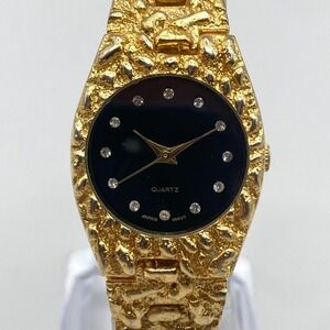 Women's Watch Gold Tone Nugget Style Black Dial Life Long New Battery SMALL 6"